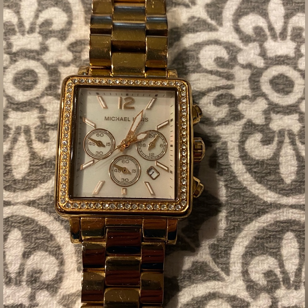Michael Kors Rose Gold Square Watch with mother of pearl face & rhinestones